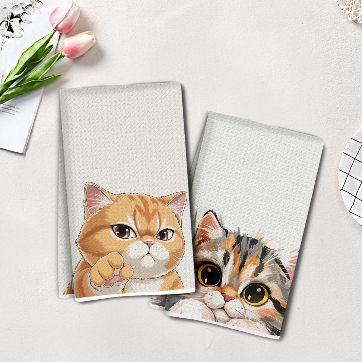 2 Pcs Cute Cat Kitchen Towels Cute Funny 35x61cm Absorbent Microfiber Waffle Dec