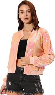 Women's Sequin Jacket Bomber Long Sleeve Zipper Shiny Glitter Tops Sparkly Party Slitter Outfits