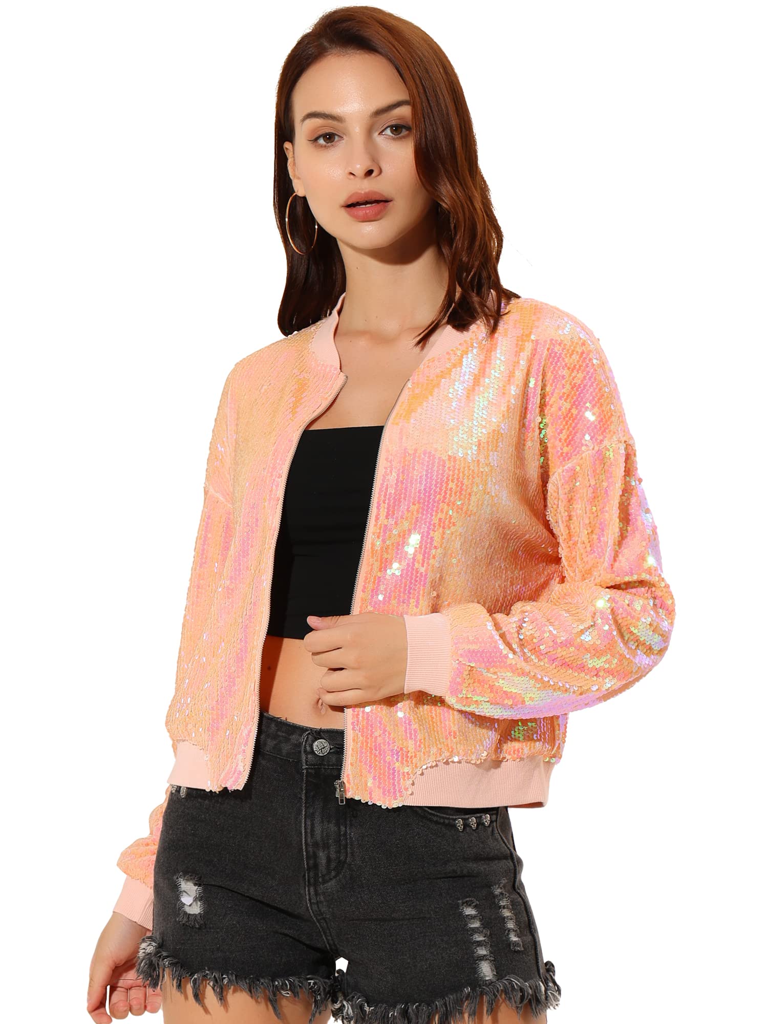 Women's Sequin Jacket Bomber Long Sleeve Zipper Shiny Glitter Tops Sparkly Party