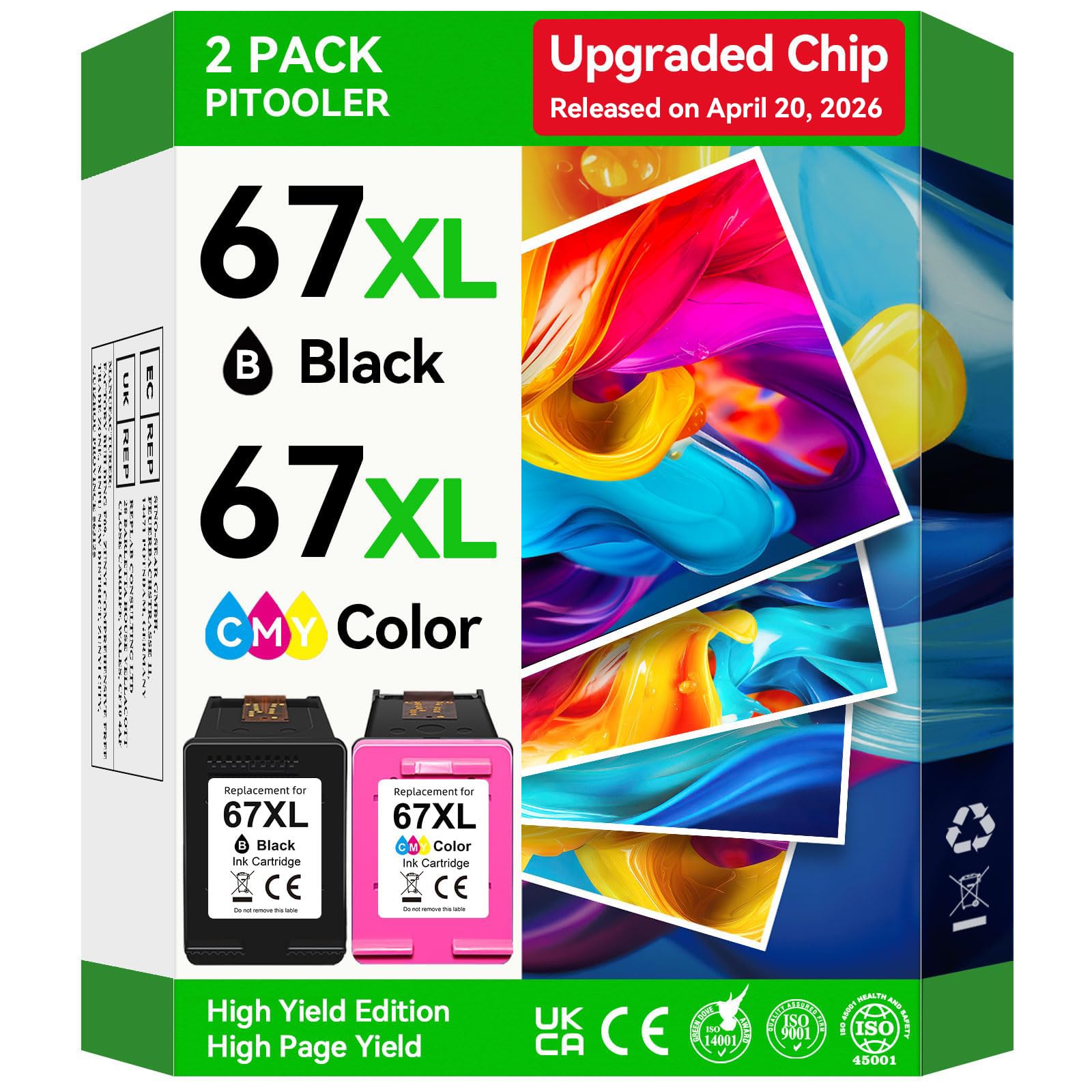 67XL Ink Cartridges Compatible for HP 67 Ink Cartridges Combo Pack Black Color F