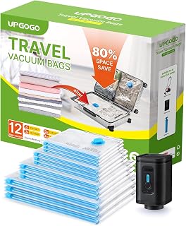 UPGOGO Combo 12 Pack Travel Vacuum Cleaner Bags with Portable Electric Pump, Space Saving Vacuum Storage Bags for Clothes and Luggage Travel Essentials