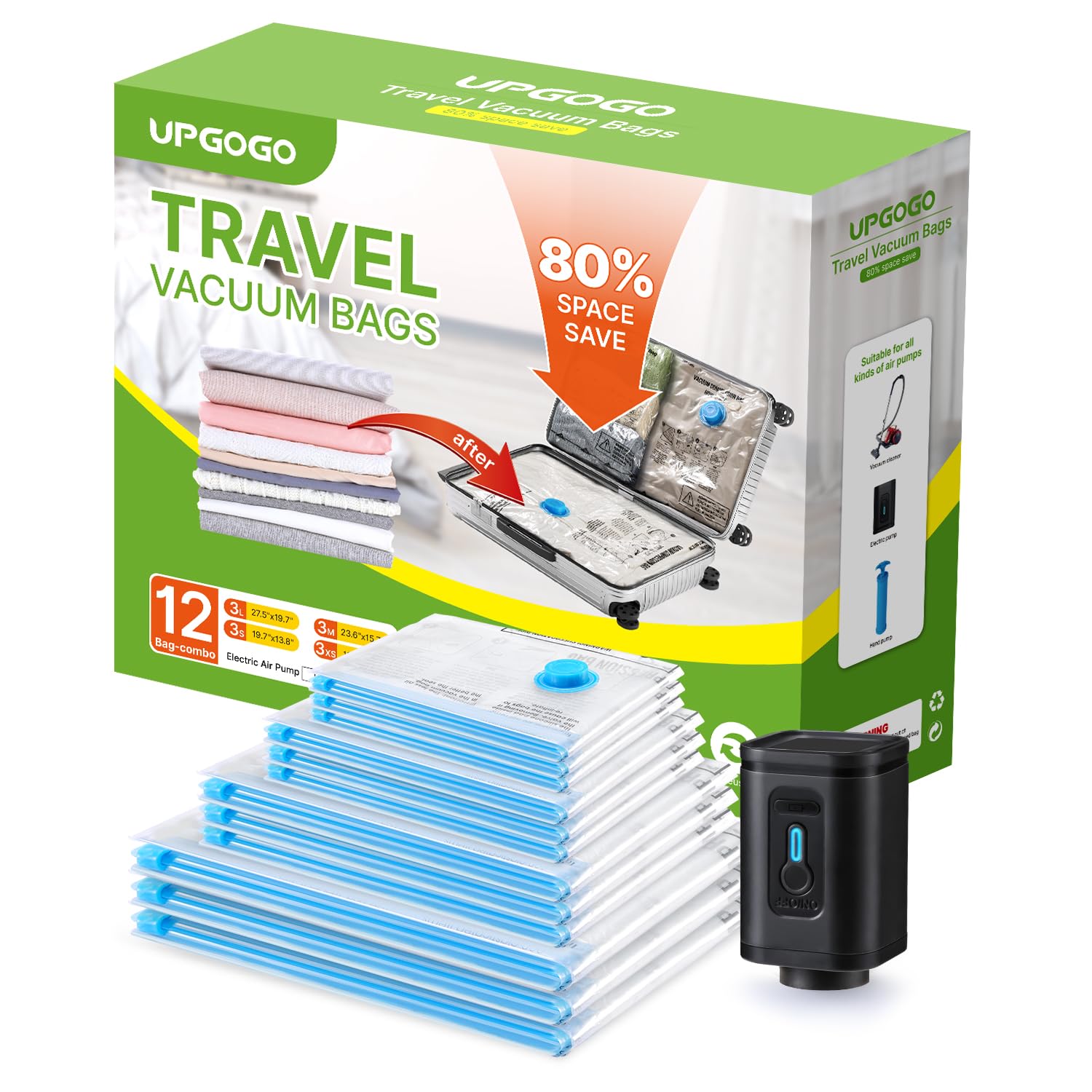 UPGOGO Combo 12 Pack Travel Vacuum Cleaner Bags with Portable Electric Pump, Spa