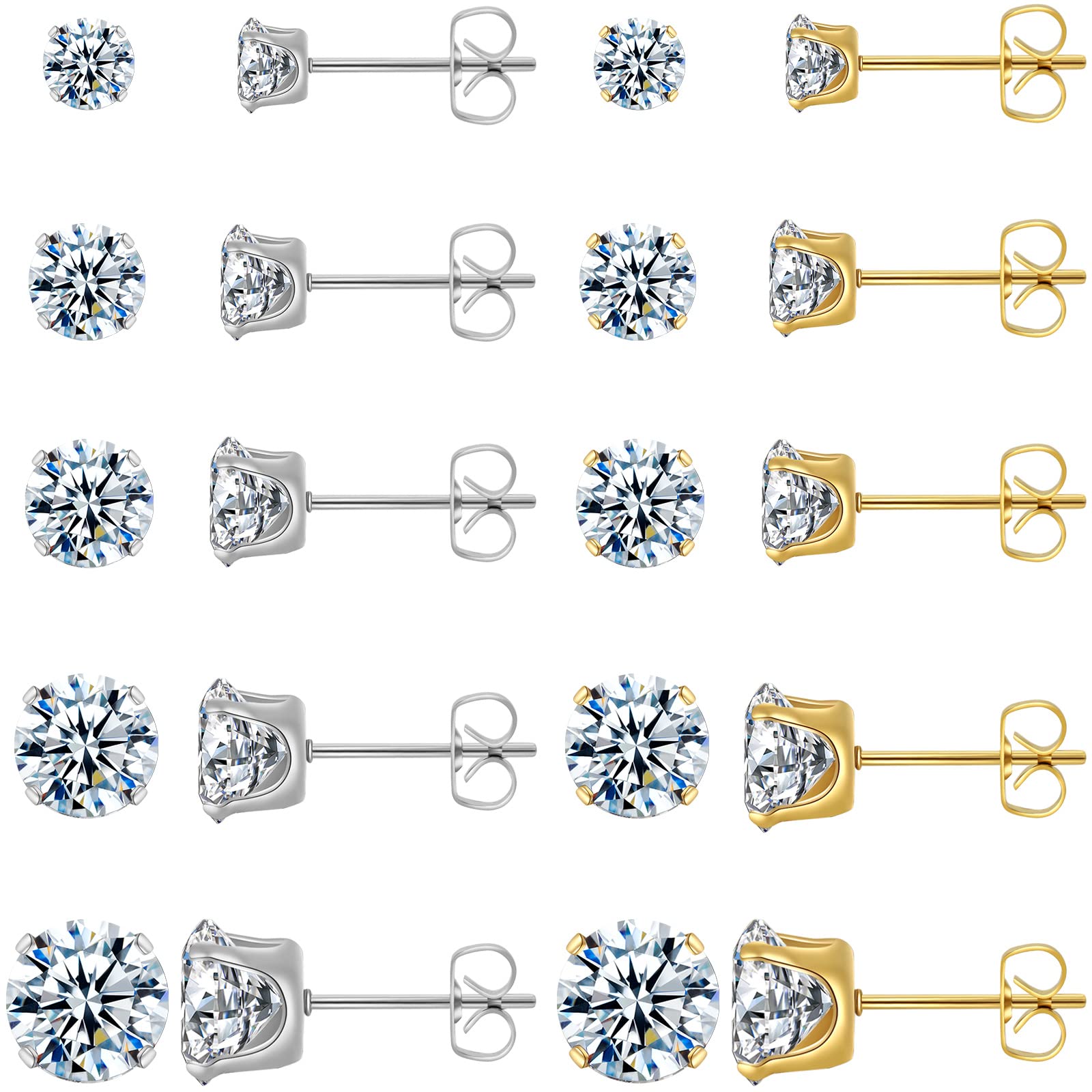 Surgical Steel Gold Stud Earrings Set for Women CZ Hypoallergenic
