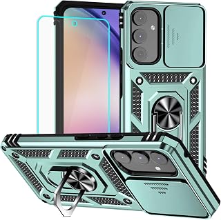HNHYGETE for Galaxy A54 5G Phone Case with Screen Protector: [Military Grade 20ft. Drop Tested] Slide Camera Cover Ring Shockproof Protective Phone Case for - Samsung Galaxy A54 5G (Dark Green)