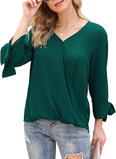 Women Loose Casual Tie Sleeve V Neck Chiffon Blouse Tops Shirts
