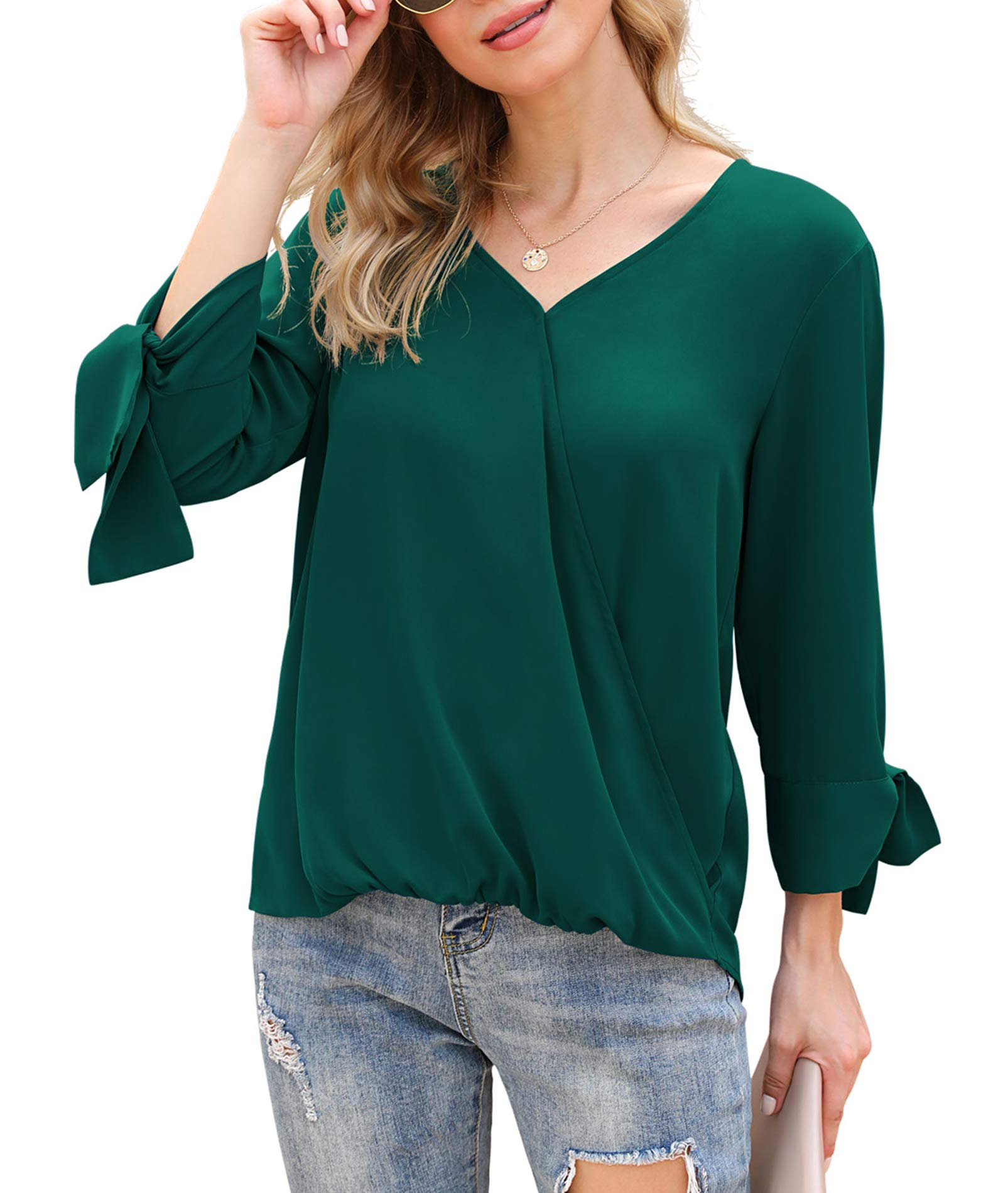 Women Loose Casual Tie Sleeve V Neck Chiffon Blouse Tops Shirts