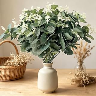 20 Pcs Artificial Eucalyptus Leaves Stems White Flower Stems for Vase Bouquet and Floral Wreath Wedding Decor