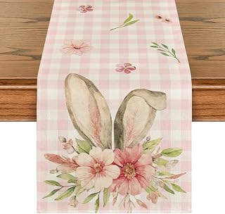 Pink Buffalo Plaid Bunny Earflower Easter Table Runner for Spring Season Holiday Kitchen Dining Table Decoration Home Party Decor 13x72 Inch