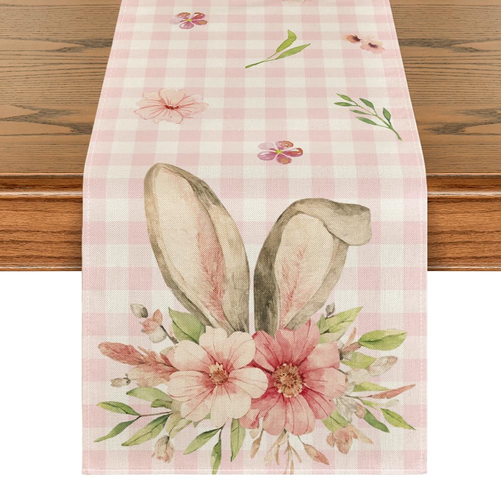 Pink Buffalo Plaid Bunny Earflower Easter Table Runner for Spring Season Holiday