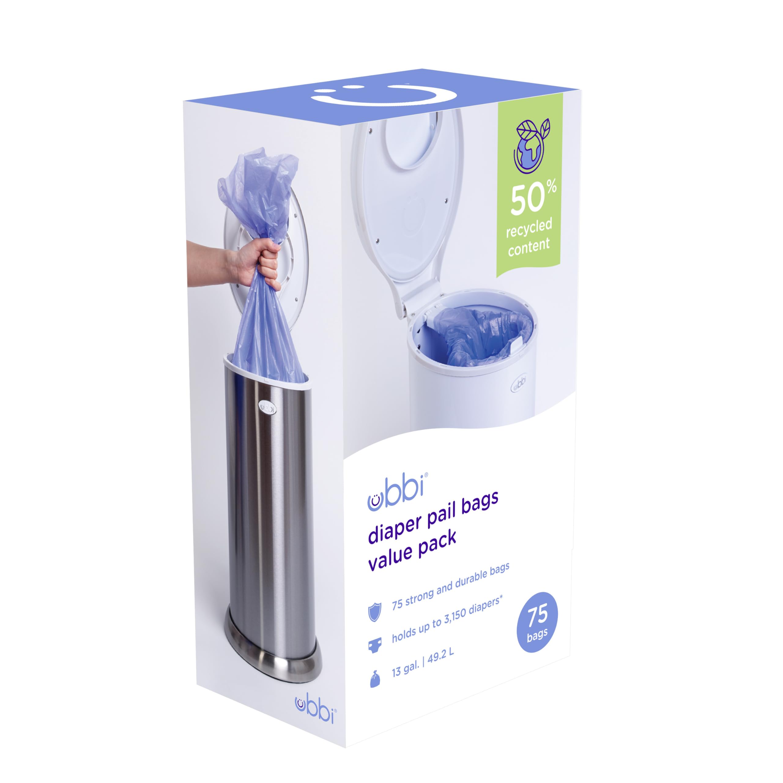 Ubbi Diaper Pail Plastic Bags, Disposable Baby Waste Bags, 3 Pack, 75 Count, 13-