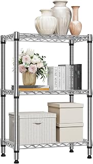 M MZG Metal Shelving Unit with 3 Levels, Load Capacity 340 kg, Adjustable Shelves for Kitchen, Bathroom, Pantry and Office, Study, Chrome, 35 x 60 x 90 cm