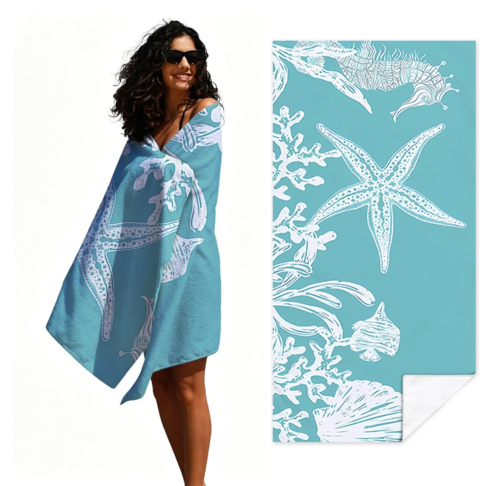 Coral Reef Print Microfiber Beach Towel Sand Free Quick Dry Lightweight Compact 