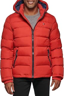 Tommy Hilfiger Men's Down Alternative Down Hooded Down Jacket, Orange Burst, XXL