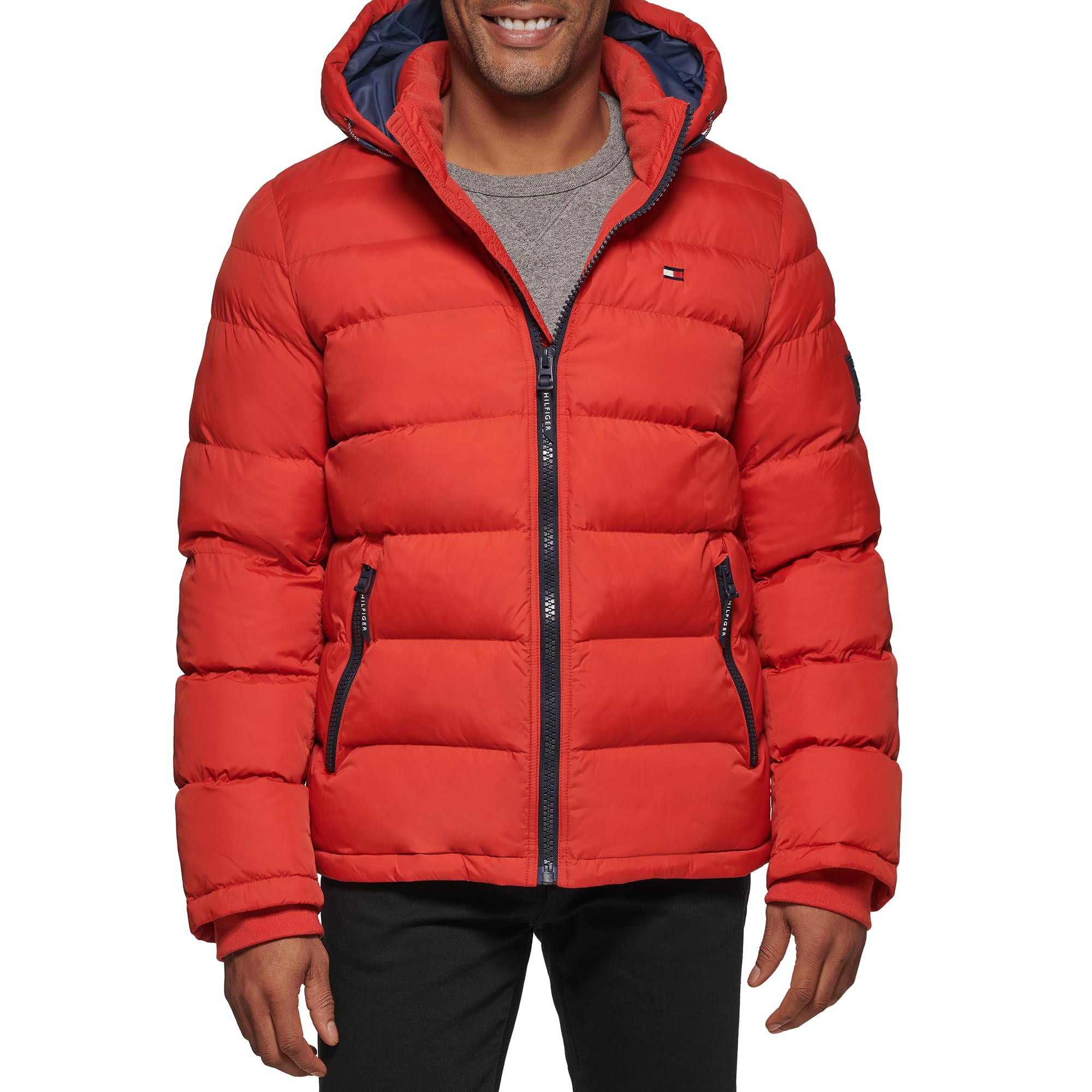 Tommy Hilfiger Men's Down Alternative Down Hooded Down Jacket, Orange Burst, XXL