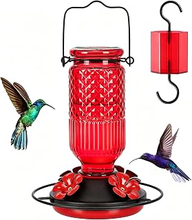 FEED GARDEN Glass Hummingbird Feeder for Outdoors Hanging, 16 OZ Humming Birds Feeders with 4 Bee Guard Feeding Ports & Built-in Ant Moat, Bird Feeder for Outside, Gifts for Women Mom, Red