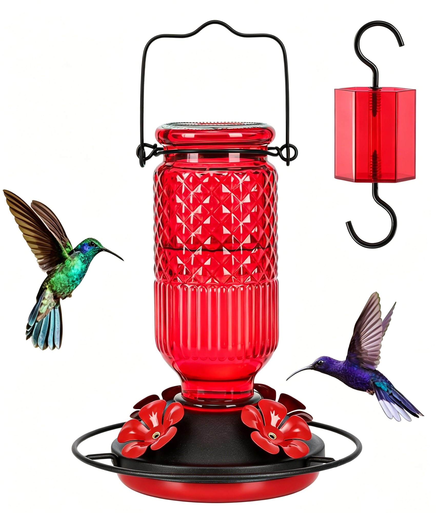 FEED GARDEN Glass Hummingbird Feeder for Outdoors Hanging, 16 OZ Humming Birds F