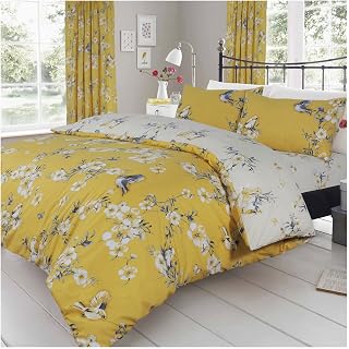 GAVENO CAVAILIA Reversible Birdie Blossom Duvet Cover, Easy Care Quilt Bed Set, Premium Quality, Ochre, Super-King, Polycotton, 539018