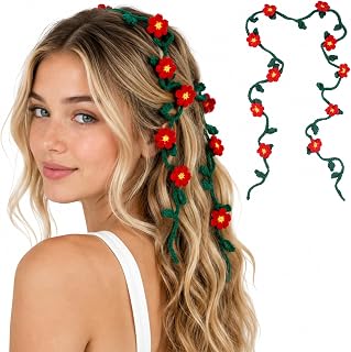 Kunyeah Girl Crochet Flower Headband Handmade Long Hair Tie Versatile Belt & Necklace Elegant Boho Hair Accessory for Women Home Décor (Red)