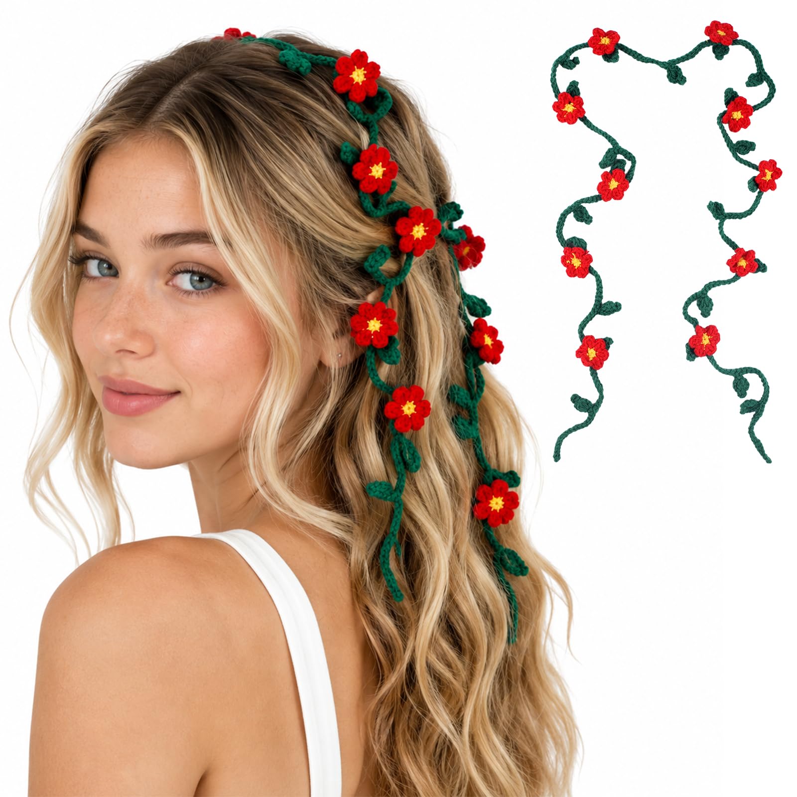 Kunyeah Girl Crochet Flower Headband Handmade Long Hair Tie Versatile Belt & Nec