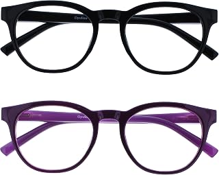 OPULIZE BLU Blue Light Blocking Reading Glasses for Women Men, Cool Round Frame with Anti-Glare Computer and Gaming Eyewear, UV and Eyestrain Protection, Black Puple +0.00 (Pack of 2)