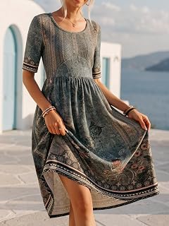 Women Long Dress Vintage Boho Long Dress Swing Dress Flowy Swing Dress for Travel, Green, S