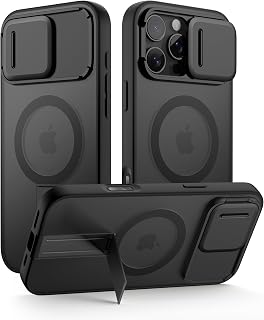 SURITCH for iPhone 16 Pro Max Case, Compatible with MagSafe, Built-in Kickstand & Camera Cover & Translucent Back, Shockproof Rugged Protective Phone Cover 6.9 Inch, Black