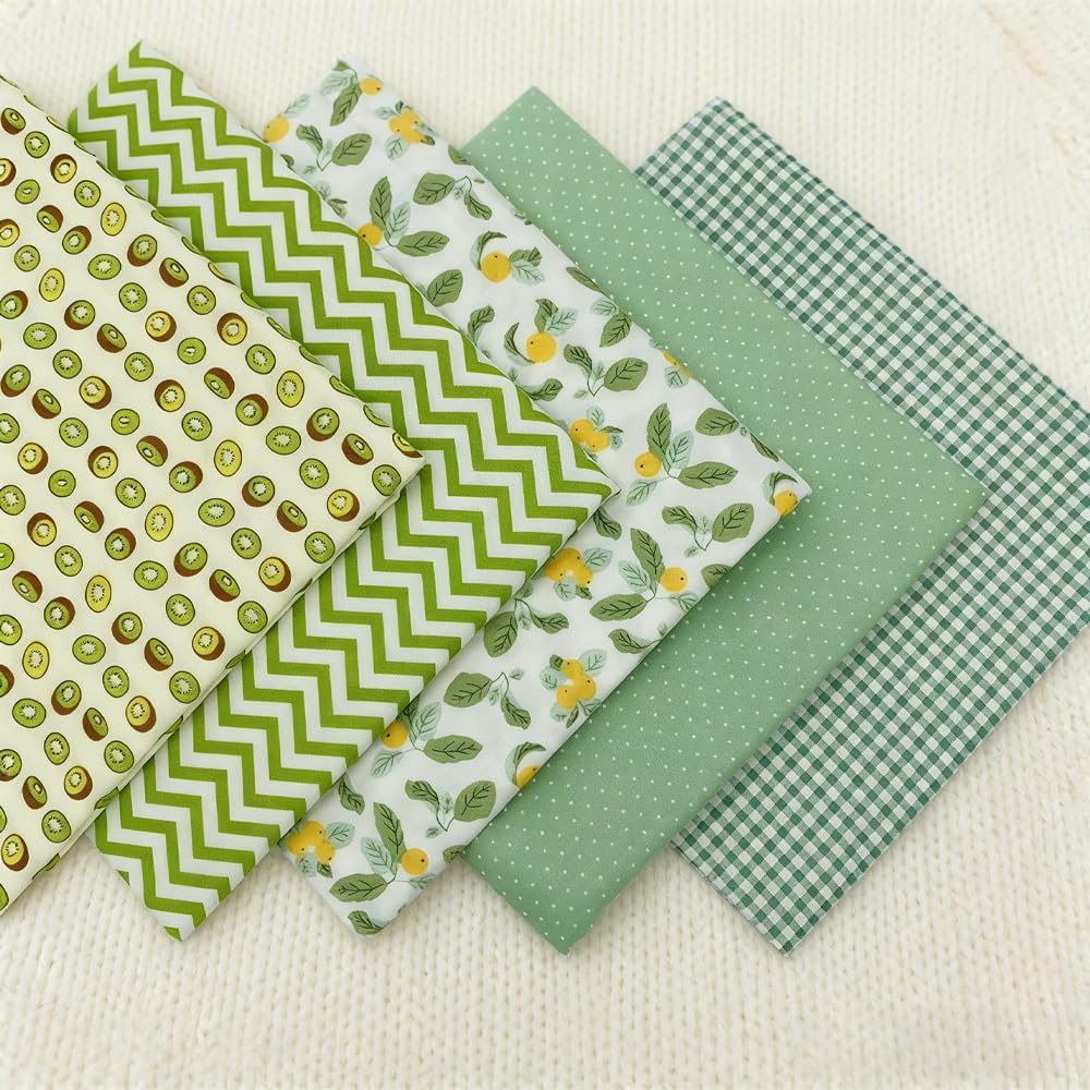 Pack of 5 Pieces Green Cartoon Cotton Fabric Pre-Cut Squares 24 x 24 cm for DIY 