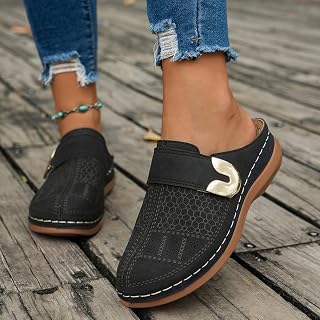 Women's Perforated Slip-On Mules - Comfortable Flat Backless Loafers with Metal Buckle, Casual Closed Toe Shoes for All Day