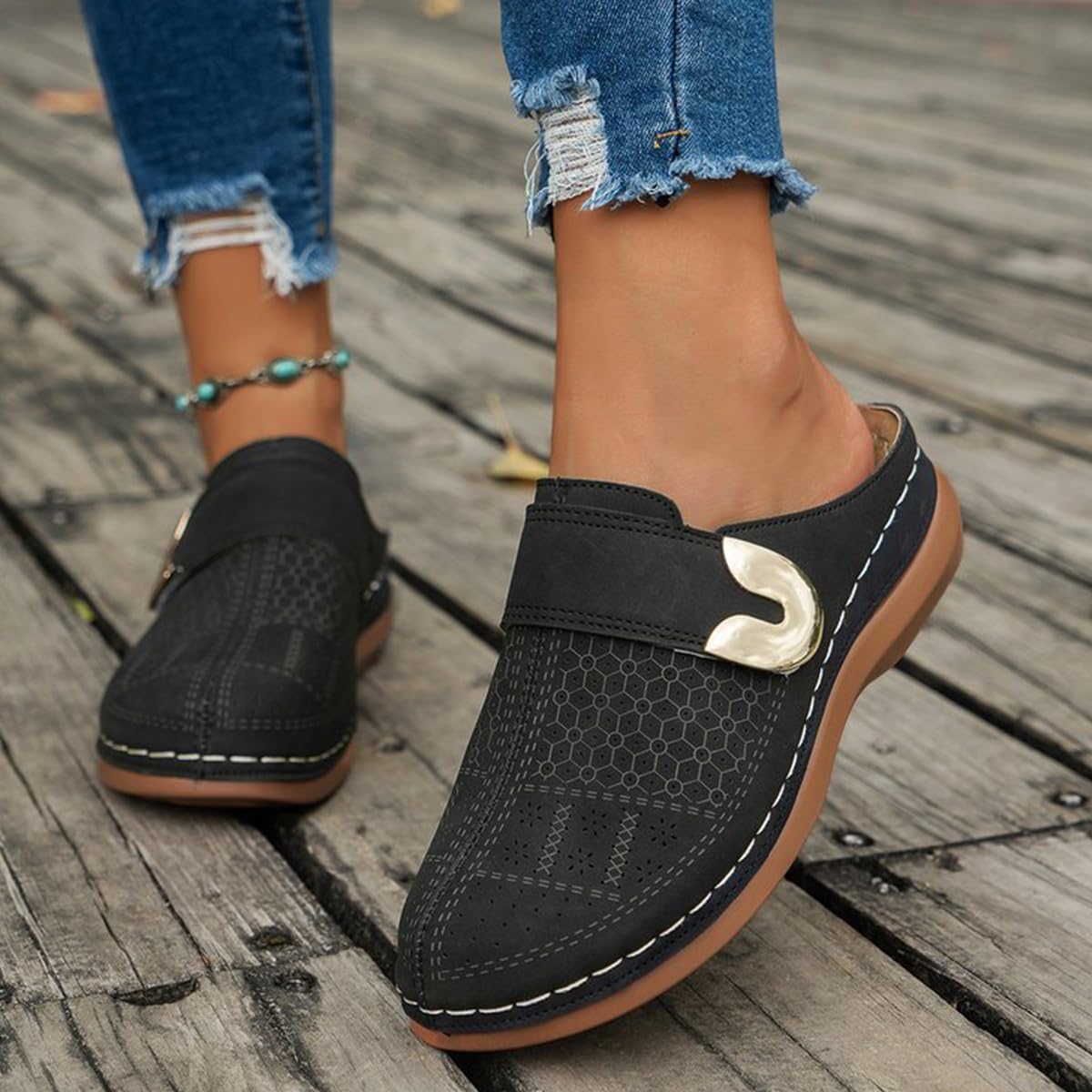 Women's Perforated Slip-On Mules - Comfortable Flat Backless Loafers with Metal 