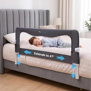 TotCraft Toddler Bed Rail Guard ASTM F3222 Certified – Fits Twin, Full, Queen &amp; King Beds – Universal Fit Bed Rail for Toddlers for Slatted Frames &amp; Box Springs – 35.5"/47" L x 20.5"-25.6" H (Grey)