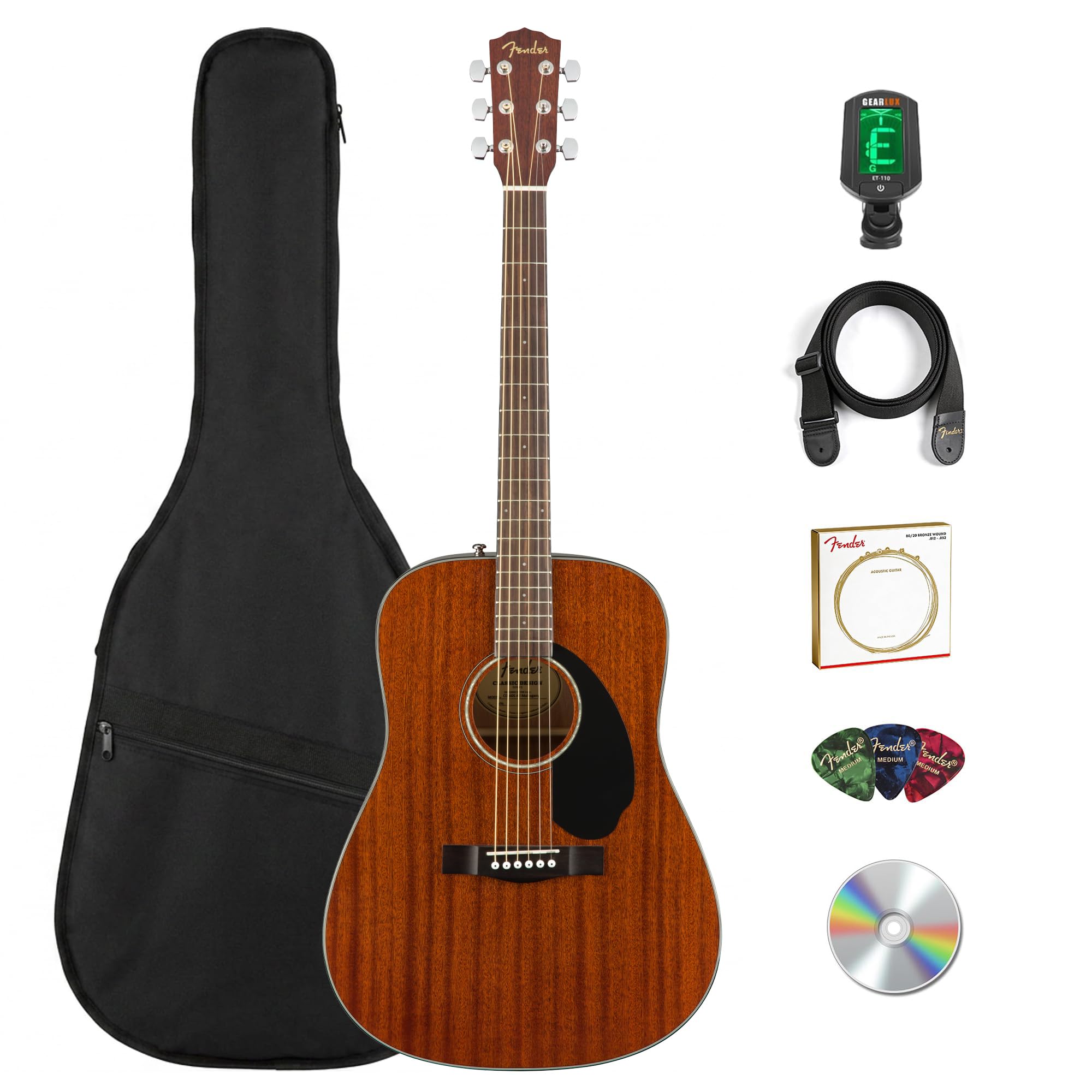 Fender CD-60S Solid Top Dreadnought Acoustic Guitar - All Mahogany Bundle with G
