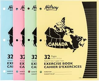 Hilroy Canada Stitched Exercise Book, 32 Pages/16 Sheets, 4-Pack (12692) | 7mm Ruled with Margin, 3-Hole Punched, Assorted Colours