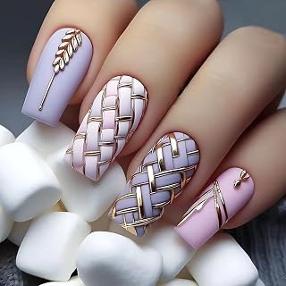 Press On Nails Medium Square Full Coverage Fake Nails Barley Geometric Lattice Design Gradient Gloss Reusable Glue Fake Nail Dating Party Birthday Stick On Nail for Women 24pcs