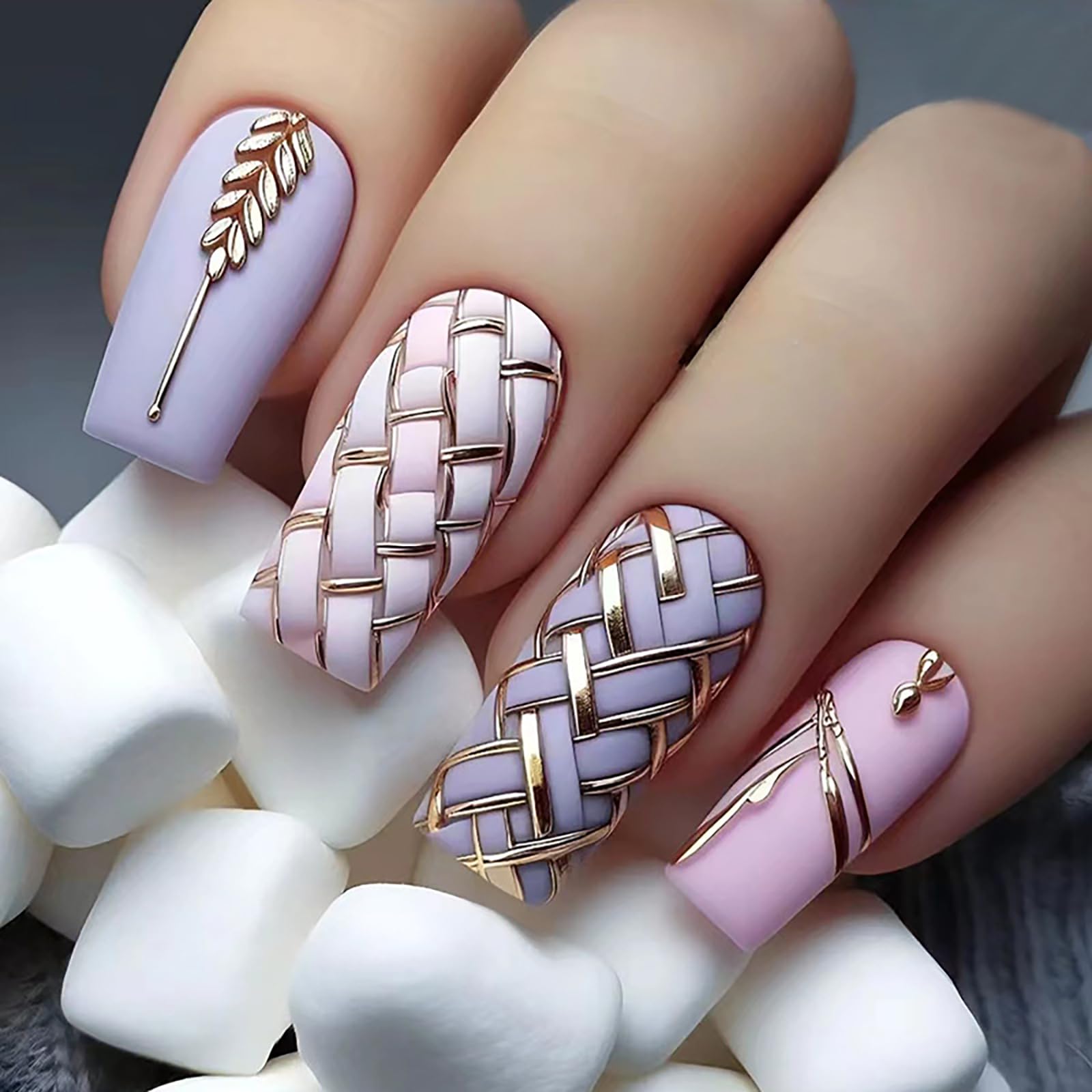 Press On Nails Medium Square Full Coverage Fake Nails Barley Geometric Lattice D