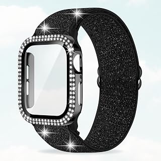 Shiny Stretch Nylon Bling Watch Band with Glitter Case for Women Apple Watch Band 40mm 44mm 41mm 45mm Sport iWatch Band Cute Glitter Compatible with iPhone 11 10 9 8 7 6 5 4 SE Series Watch Band
