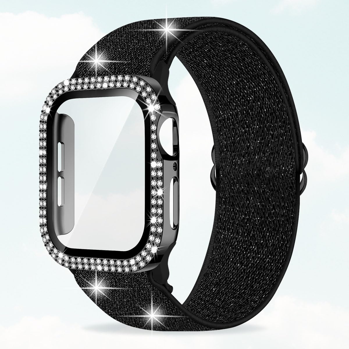 Shiny Stretch Nylon Bling Watch Band with Glitter Case for Women Apple Watch Ban