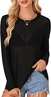 LYANER Women Sheer Mesh Long Sleeve Crew Neck Sexy Blouse