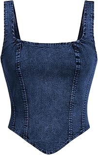 WDIRARA Women's Denim Corset Tank Top Crop Sleeveless Zip Up Back Tops