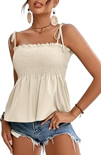 LYANER Women's Tie Shoulder Frill Shirred Ruffle Hem Sleeveless Strappy Cami Blouse Peplum Top