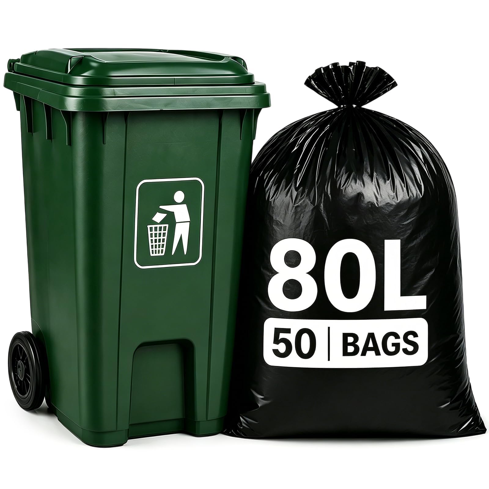 Black Bin Bags 80L, Large Refuse Sacks Heavy Duty, No-Tear, 50 Count