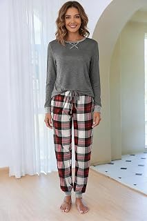 Women's 2 Piece Pajama Set with Solid Long Sleeve Top and Plaid Jogger Pants