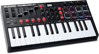 M-AUDIO Oxygen Pro Mini 32 USB MIDI Keyboard Controller | 32 Velocity-Sensitive Mini-Keys, 8 Beat Pads, 4 Knobs, 4 Faders, and Bundled DAW Recording Software, for Music Production