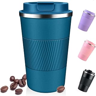 Travel Mugs, 380ml Insulated Coffee Cup with Leakproof Lid - Reusable Double Walled Coffee Mug, Stainless Steel Thermal Cup for Hot Cold Drinks, Water and Tea (Blue)