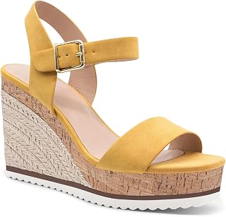 Coutgo Sandalias de cuña con correa al tobillo para mujer, Amarillo, 38.5 EU
