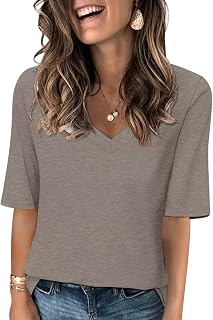 TICTICMISS Womens V Neck T Shirts Half Sleeve Tops Casual Solid Summer Tees