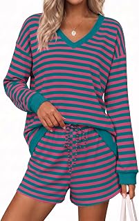 Ekouaer Set da salotto da donna, 2 pezzi, a maniche lunghe, casual, a righe