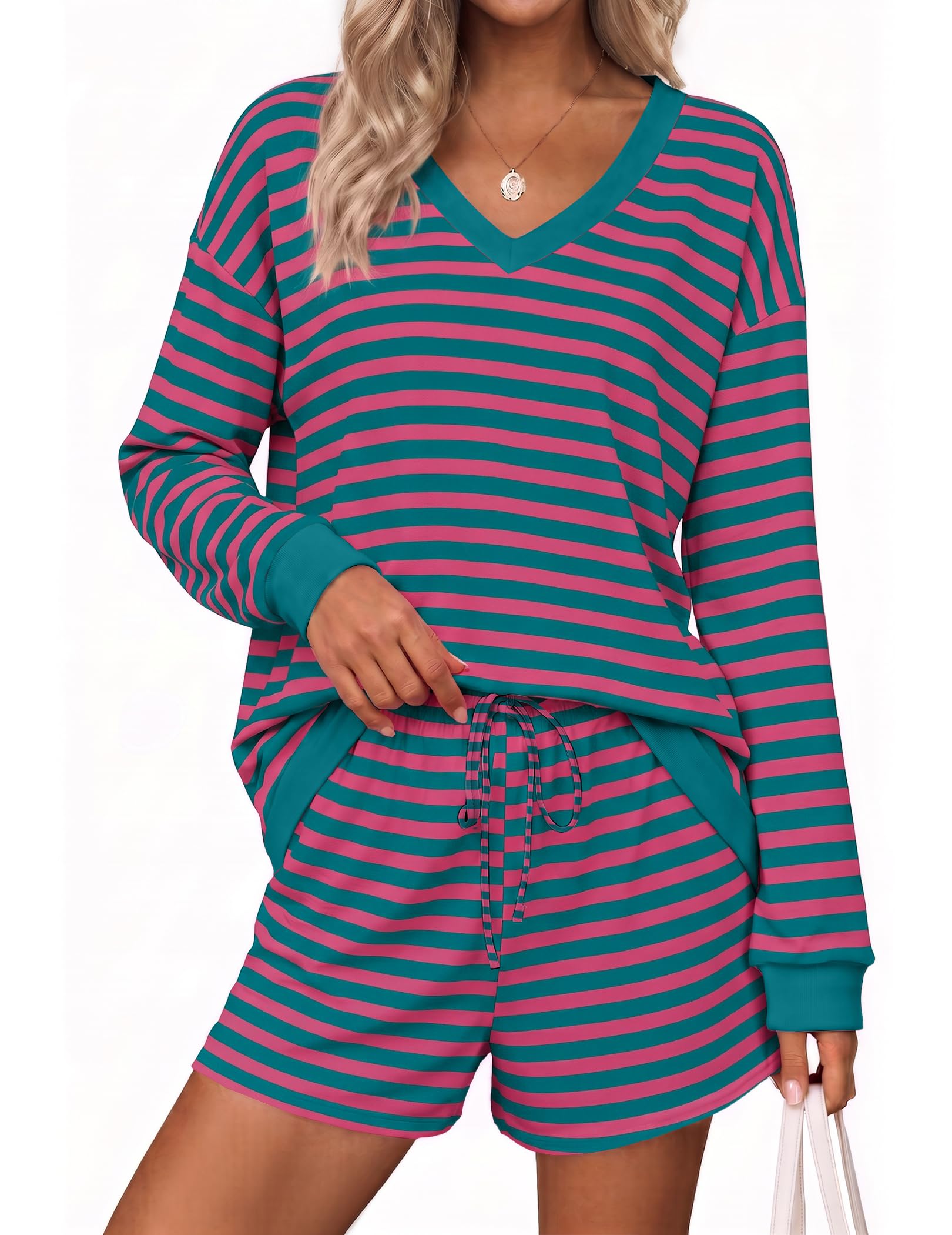 Ekouaer Set da salotto da donna, 2 pezzi, a maniche lunghe, casual, a righe