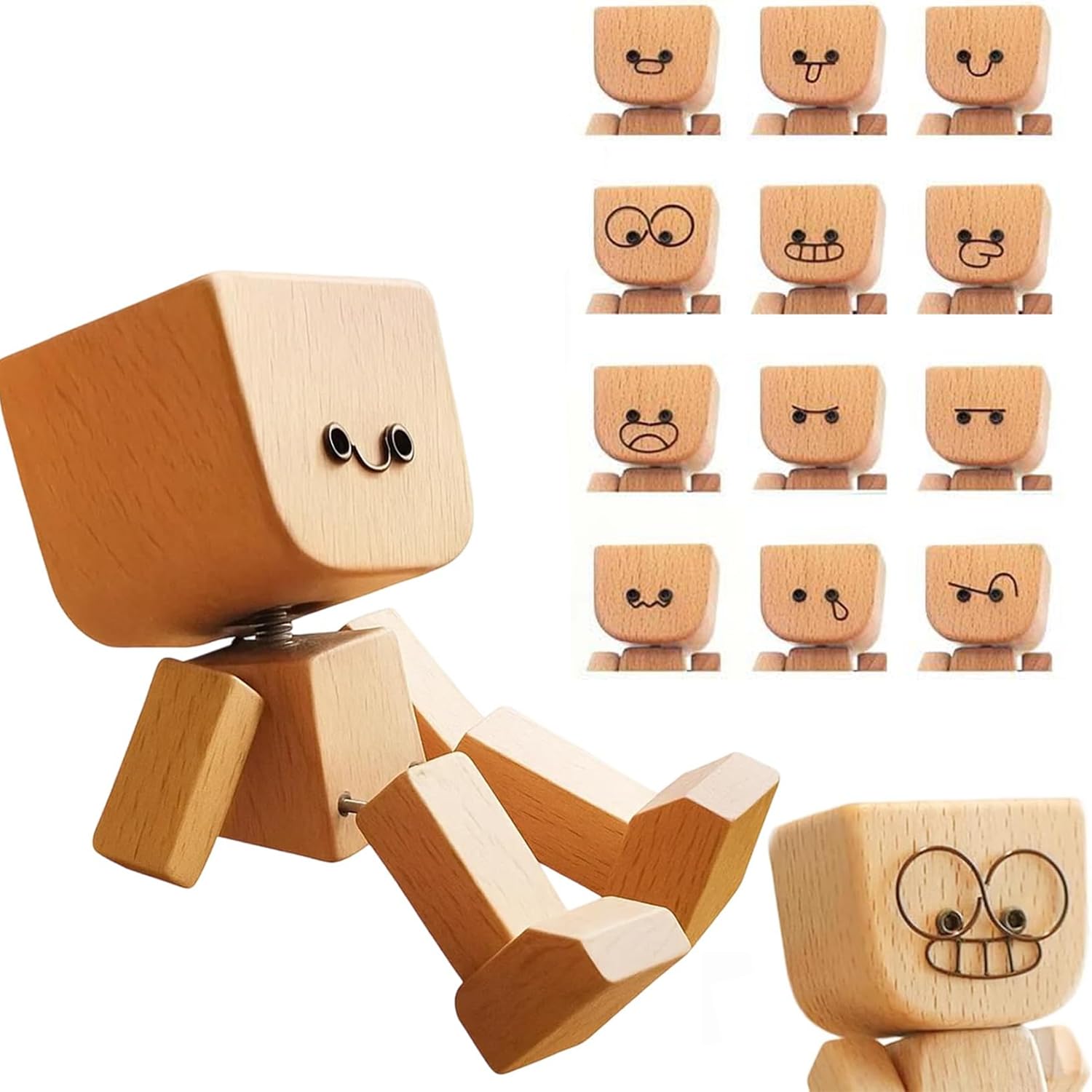 Shaking Wooden Man Figurine for Car Dashboard Decor with 12 Magnetic Expressions
