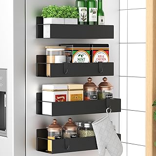 HuggieGems Metal Magnetic Spice Rack for Refrigerator Black, 4 Pack | Magnetic Shelves Heavy Duty for Fridge in Kitchen, Seasoning Storage Organizer, For Oven Washer and Dryer, For Heavier Items