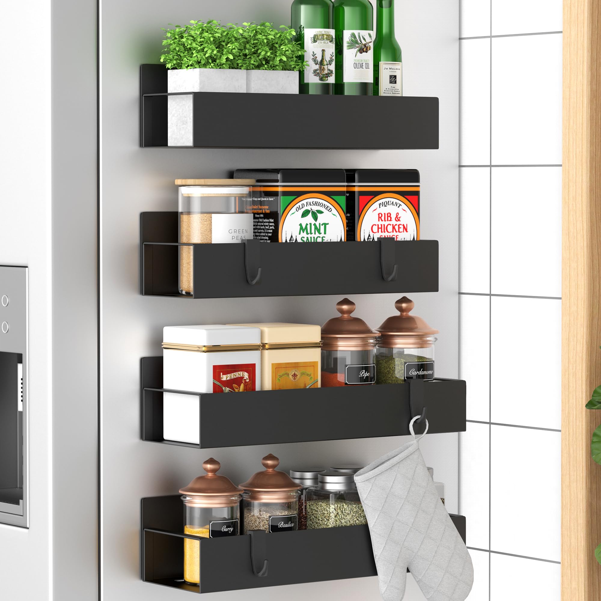 HuggieGems Metal Magnetic Spice Rack for Refrigerator Black, 4 Pack | Magnetic S